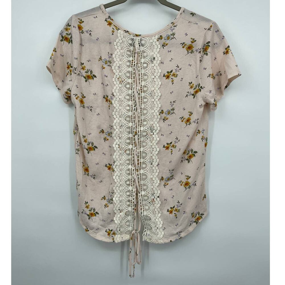 Love J Womens Pink Floral Open Back Lace Detail Tie Shirt Blouse Top NEW Large